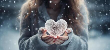 ai généré femmes en portant cœur en forme de neige sur leur mains le neige est chute dans de face de leur photo