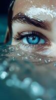 ai généré bleu femelle yeux Regardez en dehors de le l'eau. fermer femme portrait. haute qualité. ai génératif photo