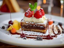 ai généré fermer photo de délicieux Chocolat dessert avec des fruits dans le restaurant Contexte. haute qualité. ai génératif