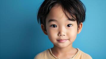 ai généré un asiatique souriant petit garçon sur une solide bleu Contexte. haute qualité. ai génératif photo