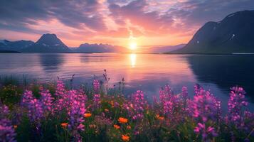 ai généré fond d'écran de mauvaise humeur le coucher du soleil océan Soleil et montagnes. violet fleur sur le proche voir. haute résolution. ai génératif photo