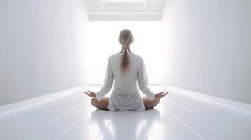 ai généré caucasien blond femme dans blanc vêtements séance dans méditatif lotus position dans vide blanc chambre, neural réseau généré art photo