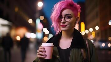 ai généré Jeune magnifique aux cheveux roses féminin femme à nuit ville rue en portant papier carton tasse de café, neural réseau généré image photo