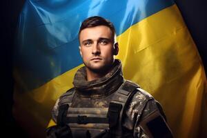 ai généré ukrainien soldat dans de face de ukrainien drapeau, neural réseau généré photoréaliste image photo