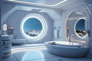 ai généré futuriste blanc lune base stylé luxe salle de bains intérieur, neural réseau généré image photo