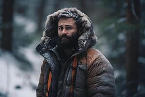 ai généré Jeune adulte caucasien homme dans hiver forêt à neigeux jour, neural réseau généré photoréaliste image photo