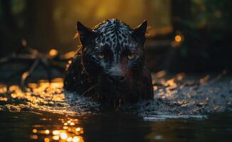 ai généré une noir panthère est en marchant dans l'eau et regards dans le caméra photo