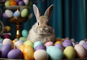 ai généré une lapin séance dans coloré des œufs alentours lui photo