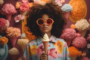 ai généré une fille est dans une fleur impression chemise avec un la glace crème cône, photo