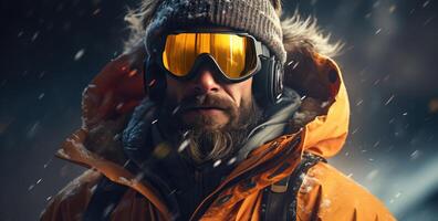 ai généré une homme qui est habillé dans une manteau et des lunettes de protection est planche a neige photo