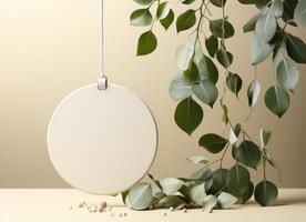 ai généré une blanc cercle avec eucalyptus feuilles sur il, photo