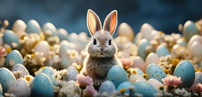 ai généré une lapin est assis dans le herbe près beaucoup coloré des œufs photo