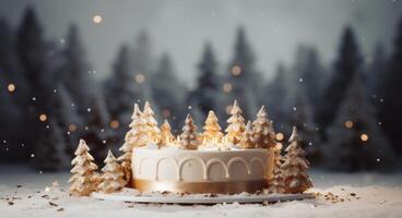 ai généré une Facile gâteau avec Noël des arbres est mis dans une neigeux toile de fond photo