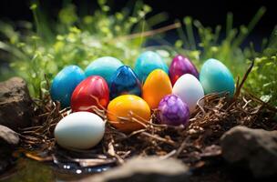 ai généré une coloré Pâques Oeuf séance sur herbe photo