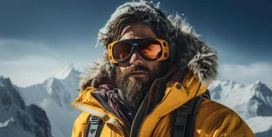 ai généré une homme dans une Jaune veste et des lunettes de protection est sur une congelé Montagne photo