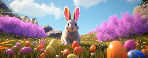 ai généré une lapin est assis dans le herbe près beaucoup coloré des œufs photo