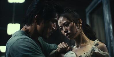 ai généré une homme défendre une femme dans une martial les arts film photo