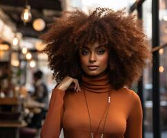 ai généré une Jeune femme avec frisé afro cheveux et une gros menton, photo