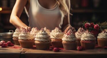 ai généré une femme est placement petits gâteaux sur Haut de fouetté crème photo