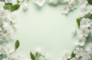 ai généré une blanc Cadre de fleurs entoure une vert surface, photo