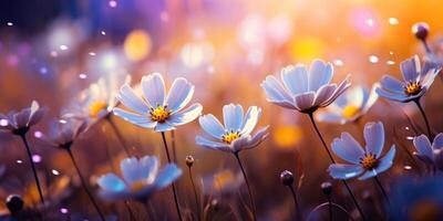 ai généré une champ de Jaune et blanc fleurs avec Soleil des rayons dans Contexte photo