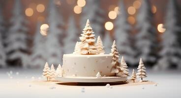 ai généré une Facile gâteau avec Noël des arbres est mis dans une neigeux toile de fond photo