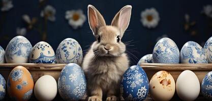 ai généré une petit lapin est assis suivant à une bouquet de coloré Pâques œufs, photo