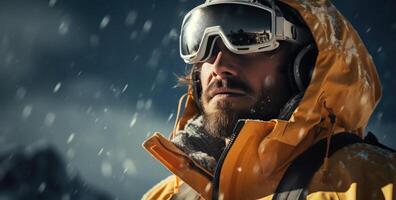 ai généré une homme qui est habillé dans une manteau et des lunettes de protection est planche a neige photo