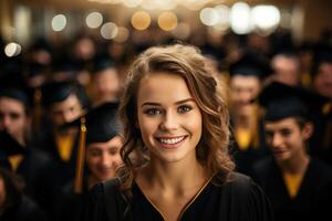 ai généré une Jeune femme avec diplôme dans de face de une foule de diplômés, photo