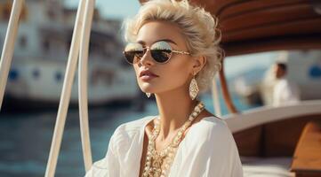 ai généré magnifique blond femme portant blanc Vêtements dans des lunettes de soleil sur une yacht, photo