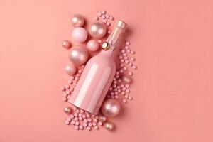 ai généré rose Champagne bouteille sur rose Contexte avec certains rose Noël arbre des balles, neural réseau généré photoréaliste image photo