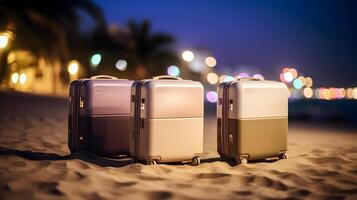 ai généré peu moderne les valises sur tropical recours plage à nuit, neural réseau généré art photo