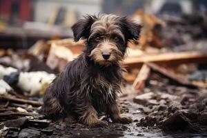 ai généré seul et faim national chiot après catastrophe sur le Contexte de maison décombres, neural réseau généré image photo