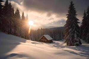 ai généré neige couvert en bois maison dans montagnes à hiver lever du soleil, neural réseau généré image photo