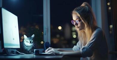 ai généré blond caucasien fille en utilisant ordinateur séance à travail table avec sa chat, neural réseau généré art photo