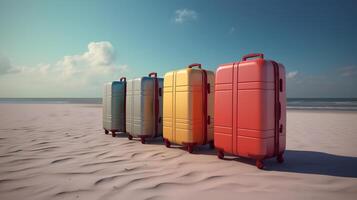 ai généré peu moderne les valises sur tropical recours plage à ensoleillé jour, neural réseau généré art photo