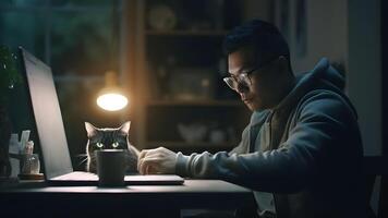 ai généré adulte asiatique homme séance dans de face de portable ordinateur à le table à nuit avec le sien chat dans Accueil bureau, neural réseau généré image photo