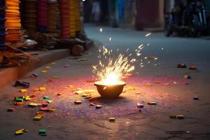 ai généré content diwali - allumé diya lampe sur rue avec pétards, neural réseau généré photoréaliste image photo