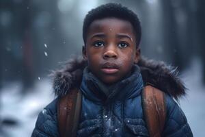 ai généré africain américain garçon perdu dans forêt à hiver soir, neural réseau généré photoréaliste image photo
