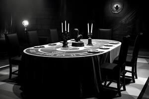 ai généré secret société noir ovale table avec mystérieux symboles, bougies, chaises et assiettes, neural réseau généré image photo