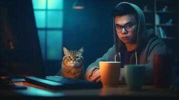 ai généré asiatique Jeune adulte homme séance dans de face de ordinateur moniteur à le table à nuit avec le sien chat dans Accueil bureau, neural réseau généré image photo