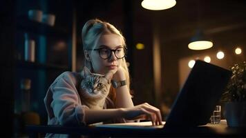 ai généré blond caucasien fille en utilisant portable séance à travail table avec sa chat, neural réseau généré photo