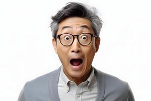 ai généré surpris asiatique homme avec des lunettes sur blanc Contexte. neural réseau généré photoréaliste image. photo