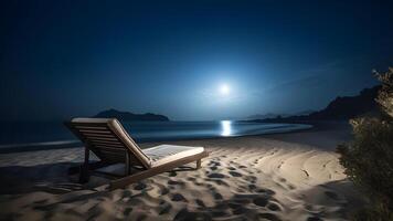 ai généré vide plage chaise sur le sable plage à nuit - été vacances thème, neural réseau généré art photo