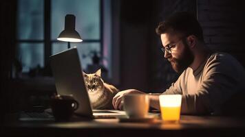 ai généré caucasien homme en utilisant ordinateur à travail table avec le sien chat à soir à Accueil bureau, neural réseau généré image photo