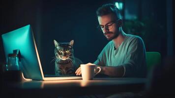 ai généré caucasien homme en utilisant portable à travail table avec le sien chat à nuit à Accueil bureau, neural réseau généré image photo