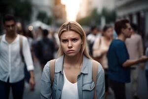 ai généré caucasien femme expérience panique attaque dans Publique bondé lieu, neural réseau généré art photo