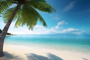 ai généré tropical plage vue à ensoleillé journée avec blanc sable, turquoise l'eau et paume arbre, neural réseau généré image photo