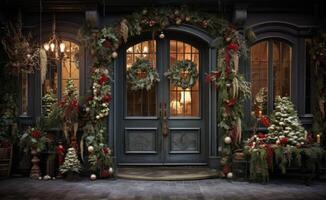 ai généré Noël porte décor de face des portes et porches photo