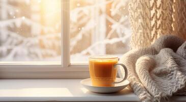 ai généré Noël Matin avec une tasse sur une fenêtre seuil avec hiver des arbres photo